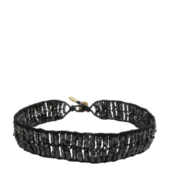 18K Gold Wide Woven Tube and Rondelle Bracelet in Black Diamonds