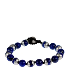 Men's Sterling Silver Flower Cap Lapis Bead Bracelet on Cord