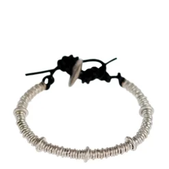 Men's Sterling Silver Solid Jumpring Black Leather Bracelet