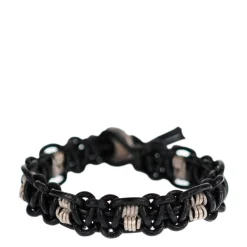 Men's Sterling Silver Woven Black Leather Bracelet with Button