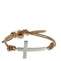 Sterling Silver Cross Bracelet on Natural Leather