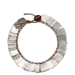 Sterling Silver Full Flattened Metal Bracelet on Cord with Ruby Bead Closure