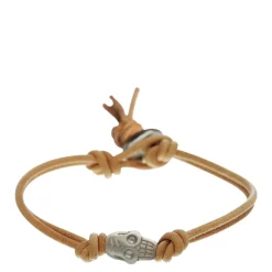 Sterling Silver Single Large Skull Bracelet on Natural Leather Cord with Button Closure